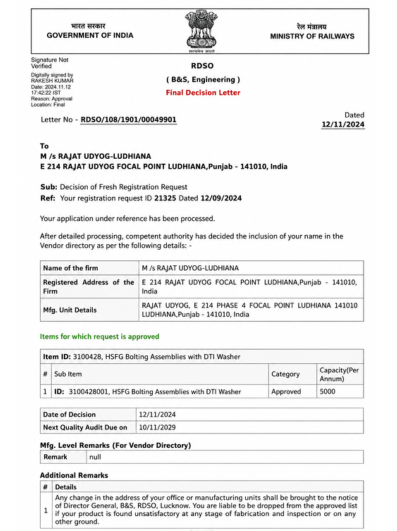 RDSO Approval Letter